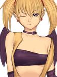 arcana_heart bandeau bare_shoulders blonde_hair breasts collar demon_girl earrings flat_chest fumio_(rsqkr) jewelry lilica_felchenerow midriff one_eye_closed pointy_ears purple_eyes small_breasts smile solo strapless tubetop twintails underboob vest wings 