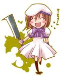  artist_request blush_stickers brown_hair closed_eyes dress hat hatchet higurashi_no_naku_koro_ni nose_hatchet open_mouth ryuuguu_rena short_hair smile solo 