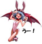  animal_ears bare_legs bat_wings blue_hair boots bow bowtie bunny_ears bunny_tail bunnysuit fang flat_chest hat leotard one_eye_closed patricia_(stylish_marunage) remilia_scarlet ribbon short_hair solo tail touhou wings wrist_cuffs 