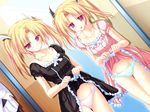  blonde_hair blue_panties blush dress dress_lift embarrassed frilled_panties frills lace lace-trimmed_panties magus_tale mirror multiple_girls nina_geminis panties pink_panties purple_eyes rena_geminis ribbon siblings sisters tenmaso twins twintails underwear 