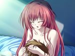  bed closed_eyes game_cg happy head_in_chest highres long_hair magus_tale red_hair seera_finis_victoria solo tenmaso topless 
