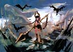  bad_id bad_pixiv_id black_hair copyright_request horns midriff navel polearm sakamoto_himemi solo spear weapon yellow_eyes 