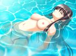  afloat bikini_bottom black_hair breasts caustics closed_eyes game_cg large_breasts long_hair navel nemigi_tsukasa nipples parted_lips pool ripples sanada_natsuko solo swimsuit topless water wet yumemishi 