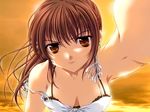  bra breasts brown_eyes brown_hair cleavage game_cg kashima_kiyomi lingerie looking_at_viewer medium_breasts miyama-zero outstretched_arm princess_brave solo sunset underwear 