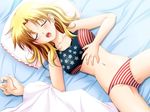  american_flag_bikini ayakaze_ryuushou bed belly bikini blonde_hair closed_eyes flag_print game_cg lying nagisawa_lime navel open_mouth pillow sleeping striped striped_bikini swimsuit tashika_ni_kimi_wa_koko_ni_ita 