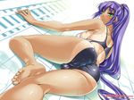  ass barefoot blush breasts competition_swimsuit drain_(object) fat_mons feet galge.com green_eyes kure_masahiro labia large_breasts long_hair long_toenails looking_back lying on_stomach one-piece_swimsuit one-piece_tan perspective ponytail poolside purple_hair skindentation soles swimsuit tan tanline thick_thighs thighs tight tile_floor tiles toenails toes very_long_hair wallpaper water wedgie wet 
