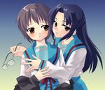  asakura_ryouko blue_hair blue_sailor_collar blush brown_eyes glasses hijiki_(hijikini) hug kita_high_school_uniform long_hair long_sleeves multiple_girls nagato_yuki non-web_source sailor_collar school_uniform serafuku short_hair silver_hair suzumiya_haruhi_no_shoushitsu suzumiya_haruhi_no_yuuutsu 