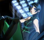  against_wall ahoge bad_id bad_pixiv_id black_hair blassreiter blue_eyes bodysuit elbow_gloves gloves kgr mei_feng_liu short_hair sitting sleeveless sleeveless_turtleneck solo turtleneck window 