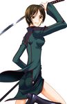  artist_request ass back boots breasts brown_eyes brown_hair chiba_nagisa code_geass from_side highres katana looking_back medium_breasts short_hair solo sword weapon 
