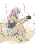  artist_request barefoot blush breasts controller ear_wiggle elf elvaan feet final_fantasy final_fantasy_xi game_controller grin happy lingerie long_hair medium_breasts nipple_slip nipples playing_games pointy_ears prishe purple_hair shorts sideboob sitting smile solo sweat tank_top underwear video_game 