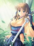  blue_eyes blue_hakama brown_hair day forest hakama japanese_clothes katana kimono leaf long_hair maxwindy nature original osora_haruka outdoors smile solo sword tree weapon 