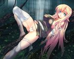  against_tree areolae blonde_hair blue_eyes breasts bridal_gauntlets coffee_cat elf g-string large_breasts lingerie long_hair lying nature nipples outdoors panties pointy_ears socks solo thighhighs thong tiffania_westwood torn_clothes torn_legwear tree underwear very_long_hair wet white_panties zero_no_tsukaima 