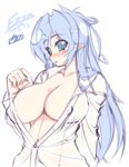  blue_eyes blue_hair blush breasts cleavage ersis huge_breasts long_hair mel/a open_clothes open_shirt original pointy_ears shirt solo 