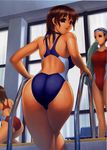  absurdres ass bench brown_eyes brown_hair climbing competition_swimsuit copyright_request curvy from_behind highleg highleg_swimsuit highres indoors iruma_kamiri looking_back multiple_girls one-piece_swimsuit pool_ladder poolside shiny shiny_skin short_hair skindentation smile swimsuit towel wet window 