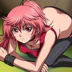  all_fours ass bent_over blush breasts butt_crack cleavage haruyama_kazunori hidaka_aoi juusou_kikou_dancouga_nova large_breasts lowres pink_eyes pink_hair solo wristband 