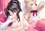  black_hair breast_press breasts cat cleavage kousaki_rui large_breasts long_hair open_mouth original panties smile solo stuffed_animal stuffed_toy teddy_bear topless underwear 