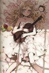  alarm_clock bed blonde_hair blue_eyes charlotte_francia child clock curly_hair flat_chest food fruit instrument long_hair lying on_back ooyari_ashito quartett! skirt solo strap_slip violin white_skirt window_shade 