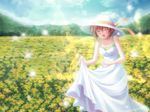  artist_request bare_shoulders canvas_2 collarbone cowboy_shot day dress field flower flower_field hat highres kikyou_kiri looking_at_viewer outdoors short_hair sleeveless sleeveless_dress solo sun_hat white_dress 