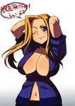  blonde_hair blue_eyes breasts cleavage copyright_request huge_breasts long_hair makishima_azusa navel no_bra one_eye_closed solo underboob 