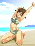  akizuki_ritsuko armpits barefoot beach bikini braid brown_hair day full_body glasses idolmaster idolmaster_(classic) idolmaster_1 kneeling muhi11234 navel outdoors solo stretch swimsuit twin_braids 