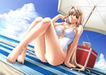  arcueid_brunestud barefoot beach blonde_hair breasts casual_one-piece_swimsuit cleavage cloud day earrings feet jewelry large_breasts long_hair long_legs miyai_sen one-piece_swimsuit outdoors radio red_eyes sitting sky solo sweat swimsuit tsukihime umbrella very_long_hair wet 