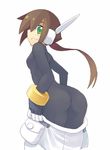  aile ass blush bodysuit breasts brown_hair green_eyes looking_back lowres rockman rockman_zx shigehiro_(hiroi_heya) small_breasts solo spandex surprised undressing 