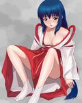  blue_eyes blue_hair blush breasts cleavage drawfag hakama japanese_clothes kou_(wagaya) long_hair lowres medium_breasts miko nipple_slip nipples non-web_source red_hakama sitting solo tabi very_long_hair wagaya_no_oinari-sama 