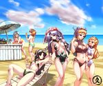  beach bikini black_hair blonde_hair blue_eyes blue_hair breasts cloud day el_hazard grey_eyes hisahiko ifurita ifurita_tv jinnai_nanami large_breasts long_hair medium_breasts miz_mishtal multiple_girls ocean orange_hair outdoors purple_eyes purple_hair rune_venus side-tie_bikini sky swimsuit 