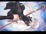  blue_eyes china_dress chinese_clothes coffee_cat dress hair_ribbon letterboxed long_hair lying mabinogi nao_(mabinogi) no_panties ribbon see-through solo staff thighhighs twintails very_long_hair wallpaper white_hair 