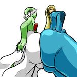  ass ass-to-ass ass_focus blonde_hair bodysuit crossover gardevoir gen_3_pokemon green_hair huge_ass long_hair metroid multiple_girls one_eye_closed oniontrain pokemon pokemon_(creature) red_eyes samus_aran short_hair simple_background super_smash_bros. yuri zero_suit 