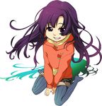  grin kanan_(karehane) kneeling kuhouin_murasaki kure-nai long_hair purple_eyes purple_hair shorts sitting smile solo thighhighs wariza 