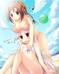  absurdres bikini breast_rest breasts breasts_on_head cloud day hair_ornament hairpin happiness! highres kamisaka_haruhi ko~cha large_breasts long_hair multiple_girls plaid plaid_bikini shikimori_ibuki sky small_breasts swimsuit windmill_(company) yuri 