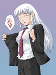  bra closed_eyes copyright_request formal kawamura_tsukasa lingerie long_hair necktie pant_suit see-through solo suit underwear white_hair 