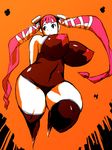  arms_behind_back breasts copyright_request covered_nipples curvy huge_breasts impossible_clothes long_hair orange_background pink_hair sleeveless solo thick_thighs thighhighs thighs twintails ya-zy 