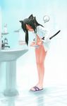  animal_ears bad_id bad_pixiv_id bathroom black_hair blush francesca_lucchini green_eyes legs long_hair observerz panties panty_pull pubic_hair sandals solo speech_bubble strike_witches striped striped_panties tail underwear world_witches_series 