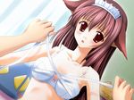  animal_ears blush bow bow_bra bra brown_hair bust_measuring cat_ears da_capo da_capo_i da_capo_summer_vacation game_cg jpeg_artifacts lingerie maid measuring nanao_naru red_eyes sagisawa_yoriko solo tape_measure underwear white_bra 