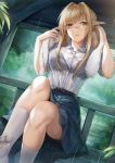  belt_buckle black_bra blonde_hair bra buckle dress_shirt glasses hair_bun hair_intakes highres long_skirt luzi open_mouth original pleated_skirt pointy_ears rain shirt short_sleeves skirt socks towel towel_around_neck underwear wet wet_clothes yellow_eyes 