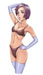  bra copyright_request derivative_work ebisui elbow_gloves gloves lingerie navel panties pink_eyes pose purple_hair short_hair solo thighhighs underwear underwear_only 