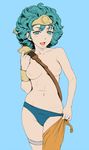  blue_eyes blue_hair breasts cameltoe circlet curly_hair dragon_quest dragon_quest_iv ebisui green_hair heroine_(dq4) medium_breasts panties solo sword topless underwear undressing weapon 
