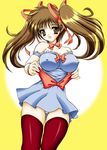  breasts brown_hair copyright_request covered_nipples dress gyakushuu_takeshi large_breasts red_legwear ribbon solo thighhighs twintails 