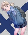  1girl aki_(girls_und_panzer) artist_logo artist_name bangs black_skirt black_sleeves blonde_hair blue_jacket blue_scarf blush closed_mouth commentary_request cowboy_shot eyebrows_visible_through_hair finnish_flag flag_background fringe_trim girls_und_panzer green_eyes hands_in_hair jacket keizoku_military_uniform leaning_to_the_side long_hair long_sleeves looking_at_viewer low_twintails miniskirt pairan pleated_skirt raglan_sleeves scarf short_twintails skirt smile solo tareme twintails 