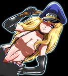  blonde_hair blue_eyes breasts gloves hat higashiyama_(higashiyama_honpo_l.t.d) large_breasts long_hair macross macross_frontier naked_suspenders nipples peaked_cap revealing_clothes sheryl_nome solo suspenders topless 