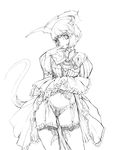  copyright_request dress dress_lift gloves greyscale horns jeffr lingerie monochrome panties short_hair solo tail thighhighs underwear 