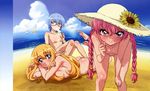  :&gt;= :&lt; absurdres angry ass bandeau barefoot beach bent_over blonde_hair blue_eyes blue_hair blush boat bob_cut braid breast_press breasts butt_crack cloud crossed_arms day dengeki_g's elf embarrassed exhibitionism feet fingernails flat_chest flower food frown glasses hat highres hiyamizu_yukie large_breasts legs_up long_fingernails long_hair louise_francoise_le_blanc_de_la_valliere messy multiple_girls nipples non-web_source nude nude_filter outdoors pink_eyes pink_hair pointing pointy_ears popsicle public_nudity sailboat scan short_hair sideboob sitting sky standing sun_hat sunflower tabitha third-party_edit tiffania_westwood twin_braids water watercraft wet zero_no_tsukaima 