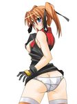  ass black_gloves black_shirt blue_eyes blush breasts butt_crack gloves ichimedoo lyrical_nanoha mahou_shoujo_lyrical_nanoha_strikers nipples open_clothes open_shirt orange_legwear panties red_hair shirt short_hair sleeveless sleeveless_shirt small_breasts solo teana_lanster thighhighs twintails underwear white_panties 