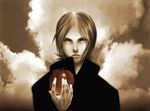  apple artist_request food fruit holding holding_food holding_fruit male_focus monochrome persona persona_2 sepia sky solo spot_color suou_tatsuya 