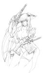  armor breasts copyright_request gloves greyscale highres horns japanese_clothes jeffr katana large_breasts long_hair monochrome panties solo sword underwear weapon 