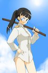  black_hair bottomless eyepatch hamao hand_on_hip katana ponytail print_eyepatch sakamoto_mio solo strike_witches sword uniform weapon white_eyepatch world_witches_series 