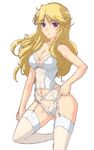  blonde_hair blue_eyes caryo garter_belt lace leona_garstein lingerie panties solo super_robot_wars sweatdrop tabigarasu thighhighs torsolette underwear 