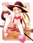  47agdragon bikini bikini_top blonde_hair blue_eyes boots bow braid broom broom_riding cane copyright_name elbow_gloves flyff gloves hair_bow hat long_hair pink_footwear shorts sidesaddle sitting solo swimsuit witch witch_hat 